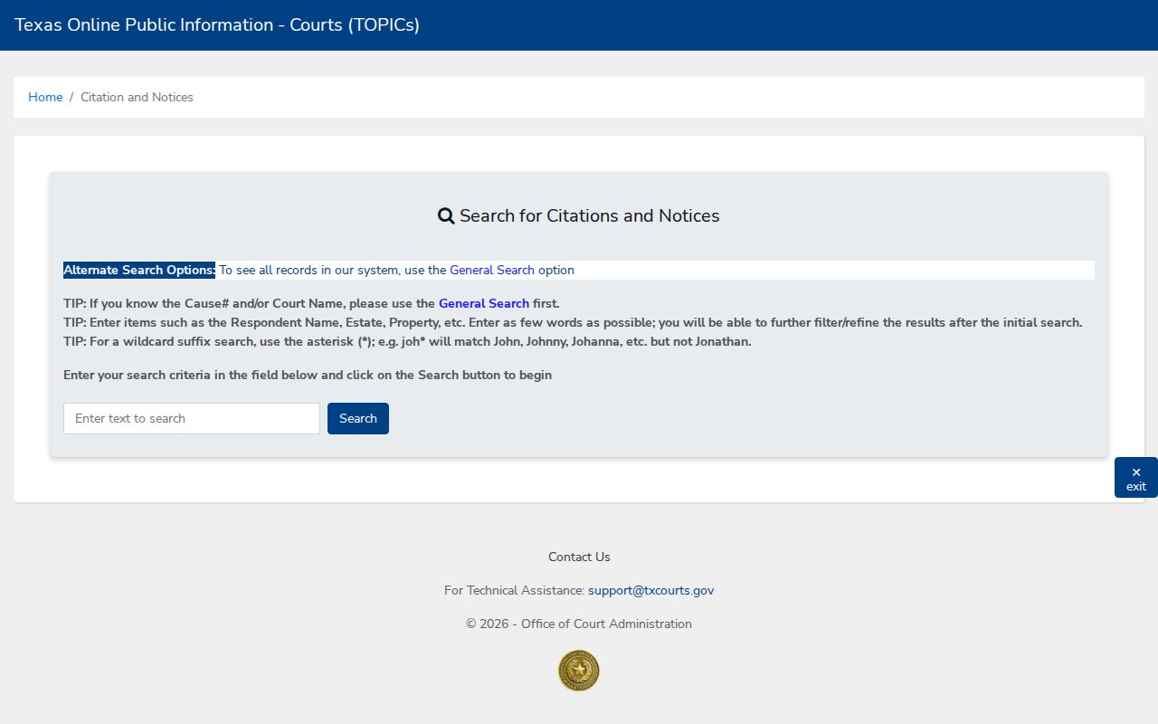 Runnels County traffic ticket lookup fields in the Texas citations and notices search